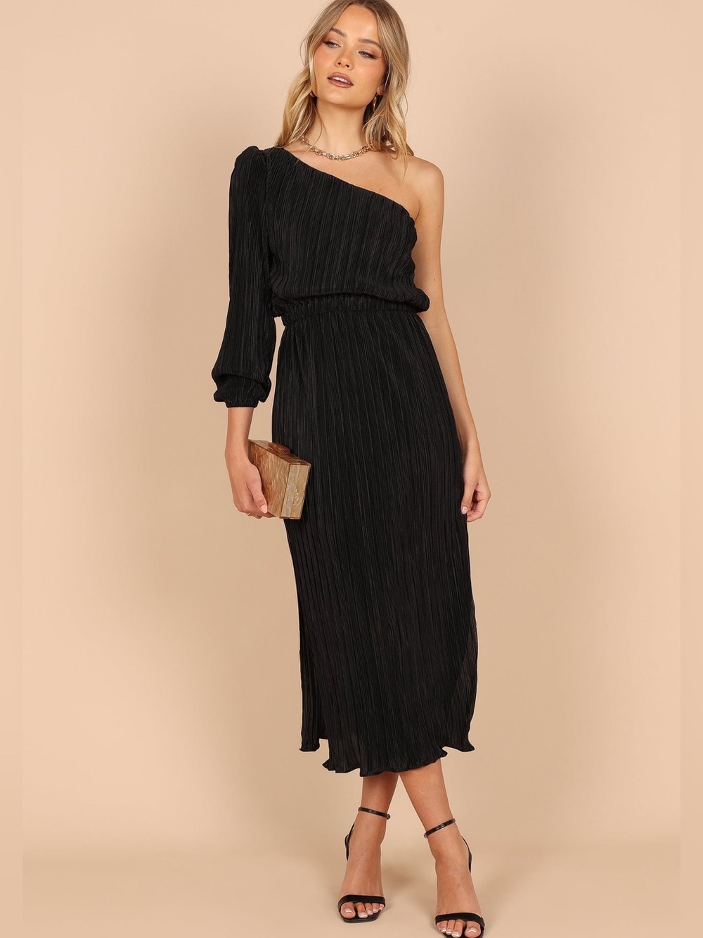 Petal & Pup Pontee One Shoulder Pleated Midi Dress Black Sz L Wedding Guest
